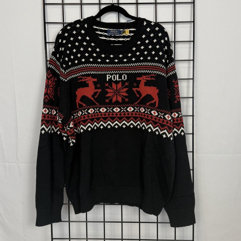 NEW Polo Ralph Lauren Reindeer Sweater Mens XXL Black Cashmere Blend Holiday